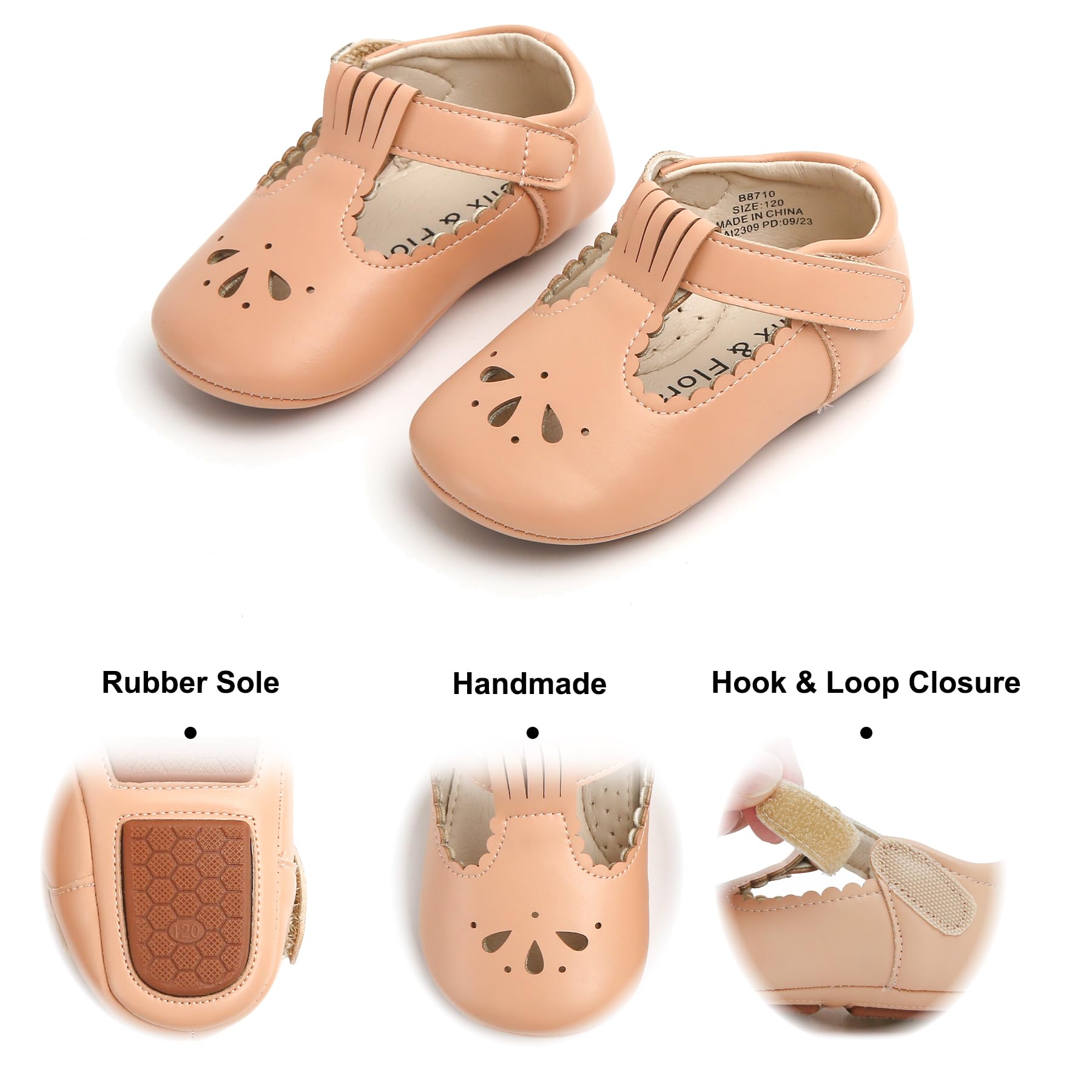 Felix & Flora Soft Sole Nude Baby Dress Shoes - Infant Baby Walking Shoes Moccasins Rubber Sole Crib Shoes(Nude,9-12Months Infant)