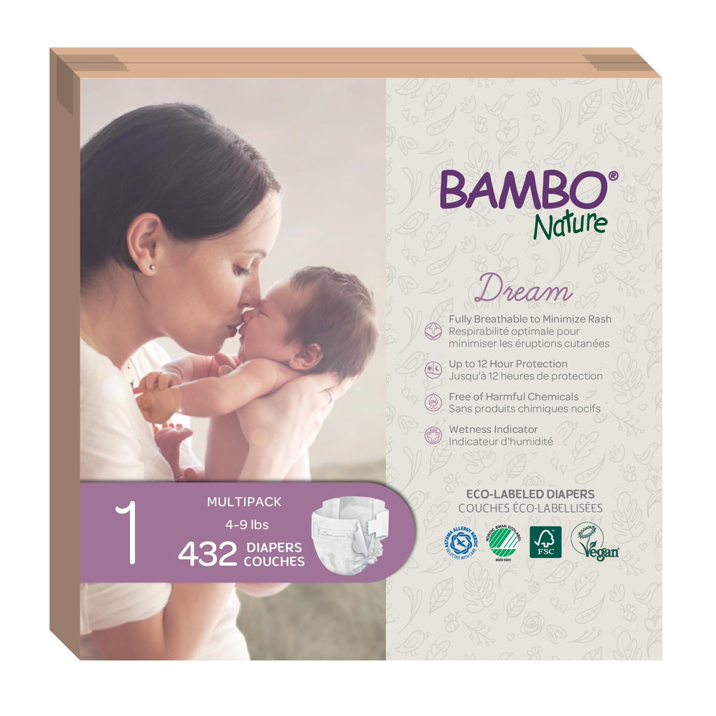 Bambo Nature Hypoallergenic Dream Baby Diapers, Eco-Labeled Sustainable Diapers, Enhanced Leakage Protection, Totally Chlorine-Free, Skin Friendly, and Super Absorbent - Size 1 (4-9lbs) - 36 Count