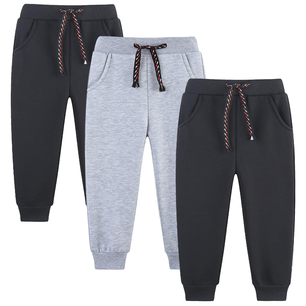 Funnymore Kids Boys Pants Sweatpants,3 Pack Pull On Fleece Jogger Outfits Clothes Black/Grey Size 8-9 Years