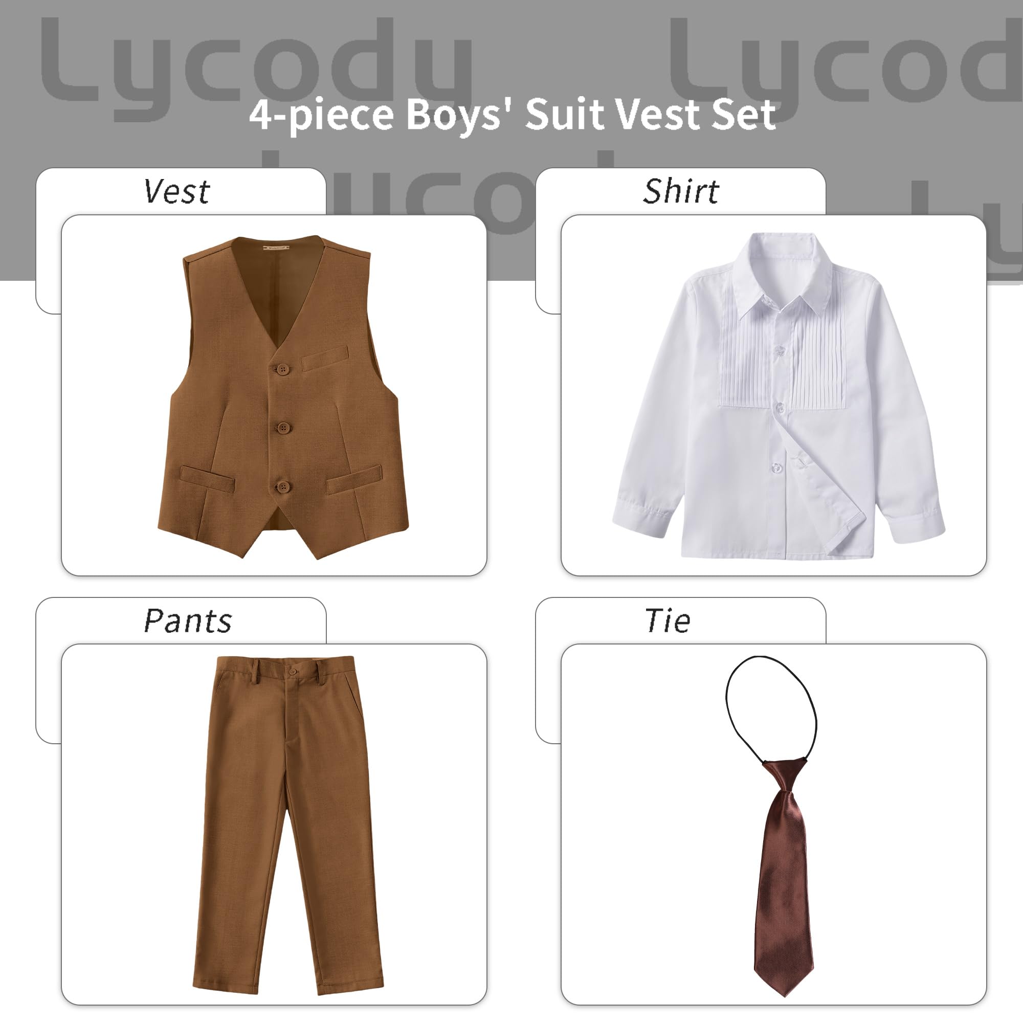 Lycody Boys Suit Vest Set Formal Dress Suits Wedding Outfit, Brown, Size 16