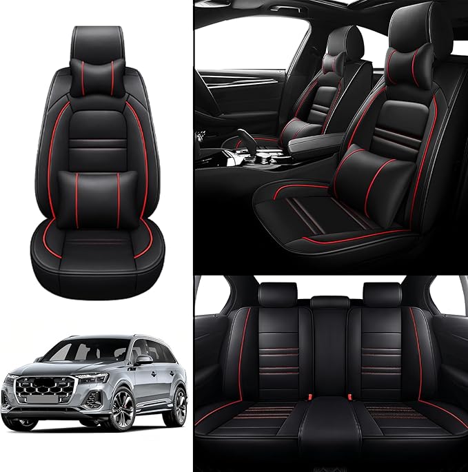 Car Seat Covers for Audi q7 2017-2025 | 5-Seats Seat Covers, Waterproof Seat Protectors, Automotive Seat Covers (Full Set with Pillow,Black&Red Line)