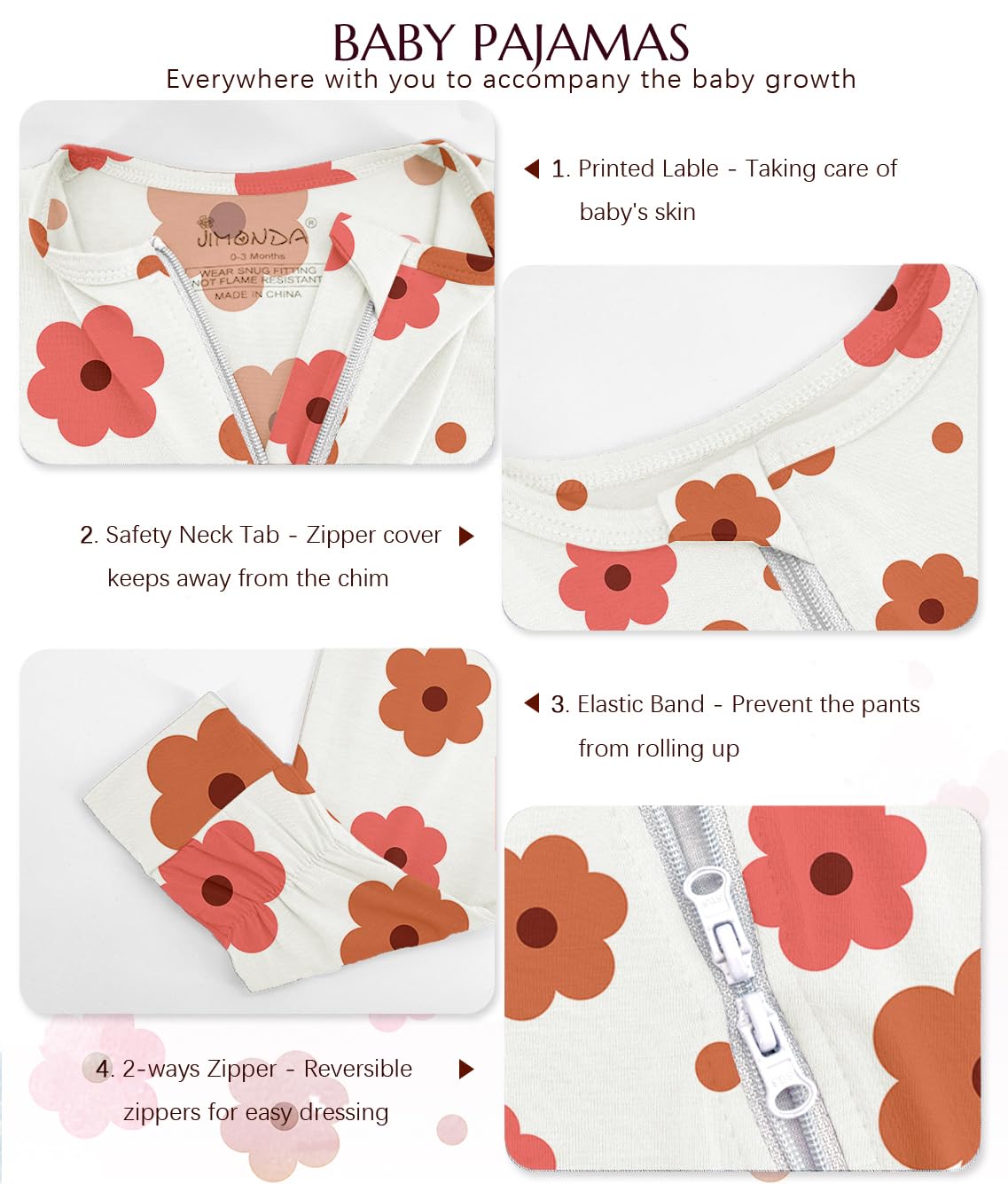 Jimonda Baby Girl Boys Bamboo Rayon Pajamas,Footless Pjs(Flower&Rose,0-3 M)