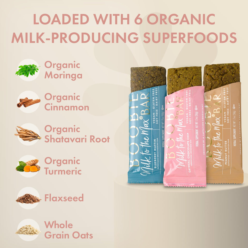 Boobie Bar Superfood Lactation Bar Variety Pack, Lactation Snacks for Breastfeeding Moms to Promote and Increase Milk Supply, Fenugreek-Free, Gluten-Free, Dairy-Free, Vegan (18 Bars, 3 Flavors)