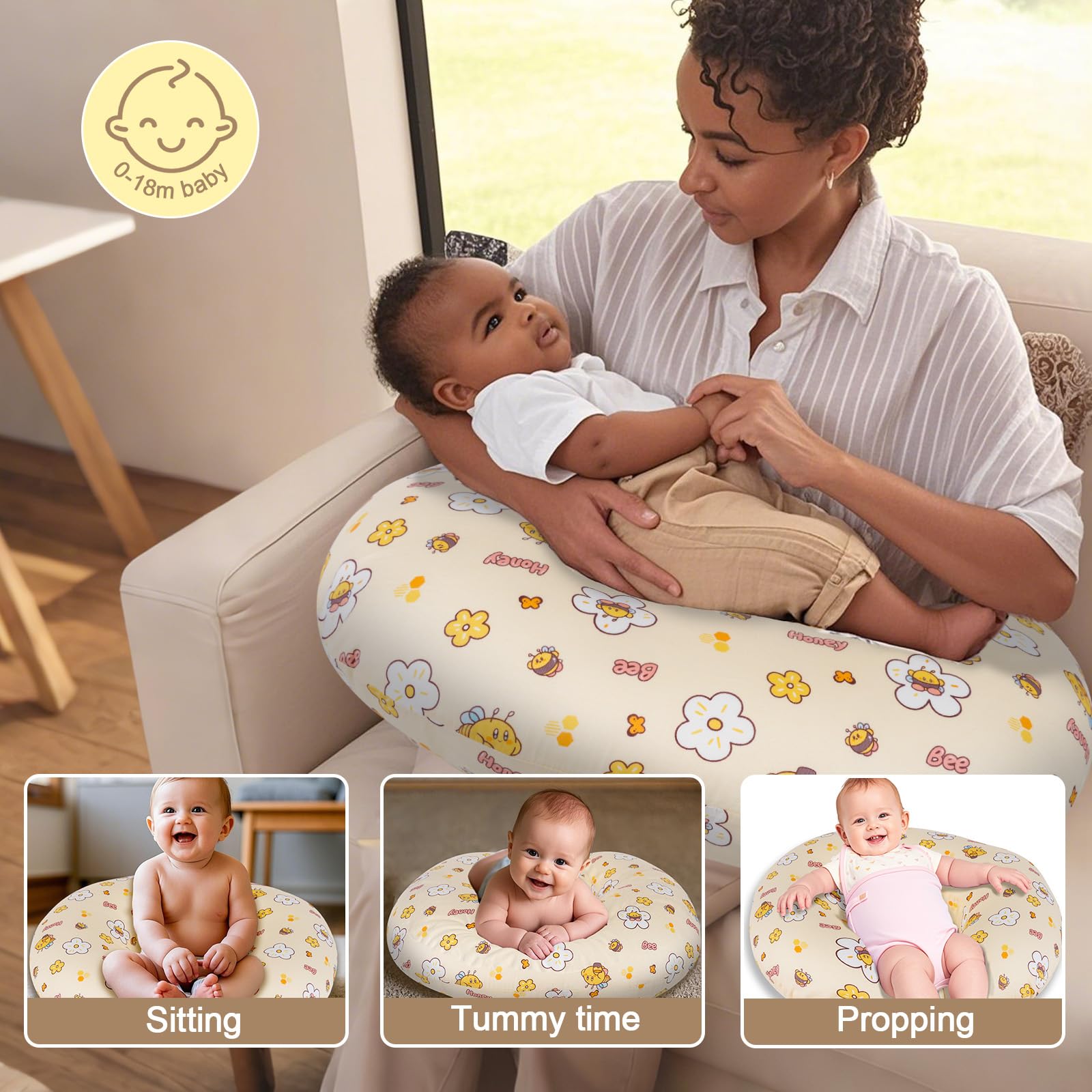 x-vesolje Baby Nursing Pillow for Breastfeeding, Adjustable Breastfeeding Pillow for Bottle Feeding, Nursing Support Pillow for Mom and Baby Healthier Nursing, Removable Cover- Bee Yellow