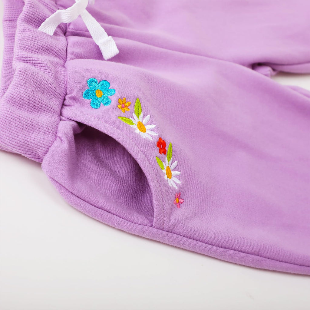 HILEELANG Baby Girls Cotton Joggers Sweatpants Floral Embroidery Drawstring Waist and Pockets-Purple Navy Blue Casual Athletic Pants for Kids 12M