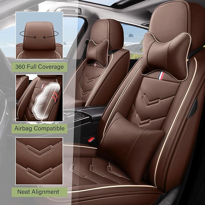 Leather Car Seat Covers Fit for LR LR4 2009-2016, 5 Seater Waterproof and Wear-Resistant Seat Cover Interior Accessories(Full Set with Pillow,Coffee)