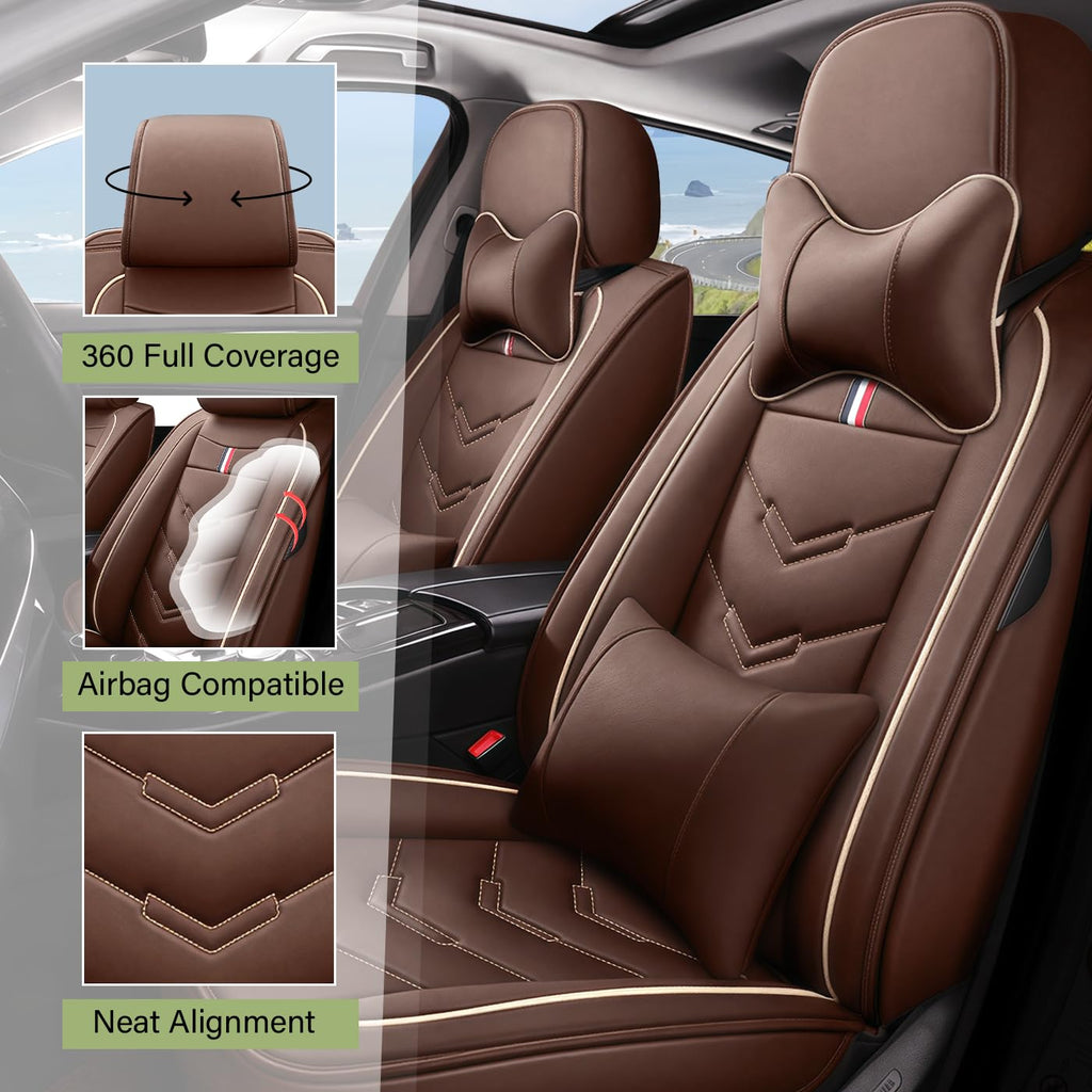 TENDER GLOW Leather Car Seat Covers Fit for LR Defender 2020-2025, 5 Seater Waterproof and Wear-Resistant Seat Cover Interior Accessories(Full Set with Pillow,Coffee)