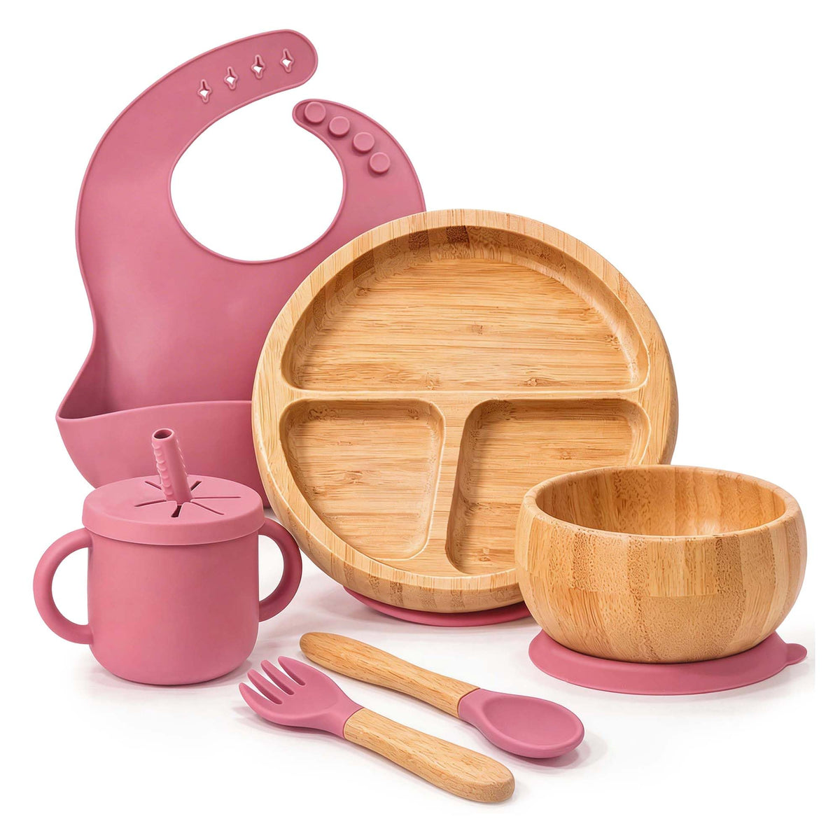 Bamboo Suction Plates for Babies, Feeding Set with Bowl, Cup, Bib and Utensils