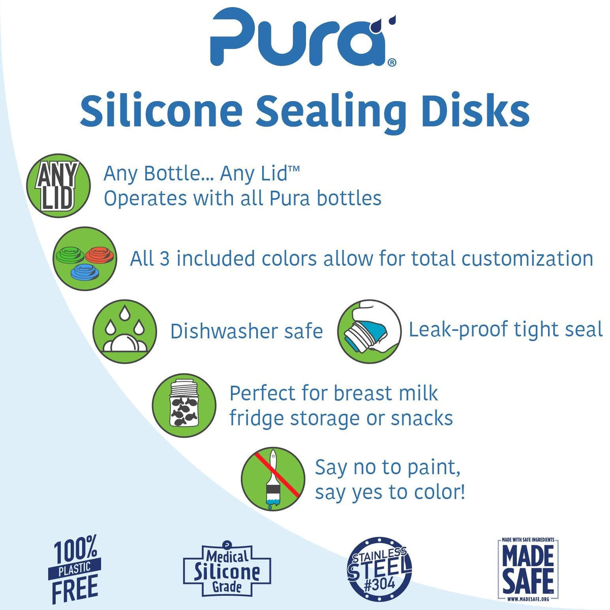 Pura Kid Silicone Sealing Disks - Plastic-Free, Airtight for Breastmilk Storage Bottle