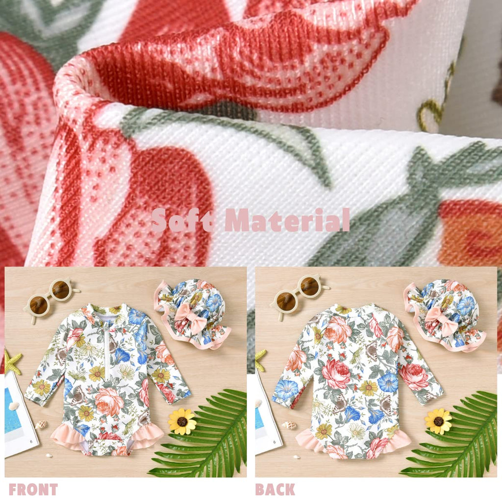 Infant Baby Girls One Piece Long Sleeve Swimsuit Floral Bathing Suit Zip Up Swimwear Beach Wear 6-12 Months Pink
