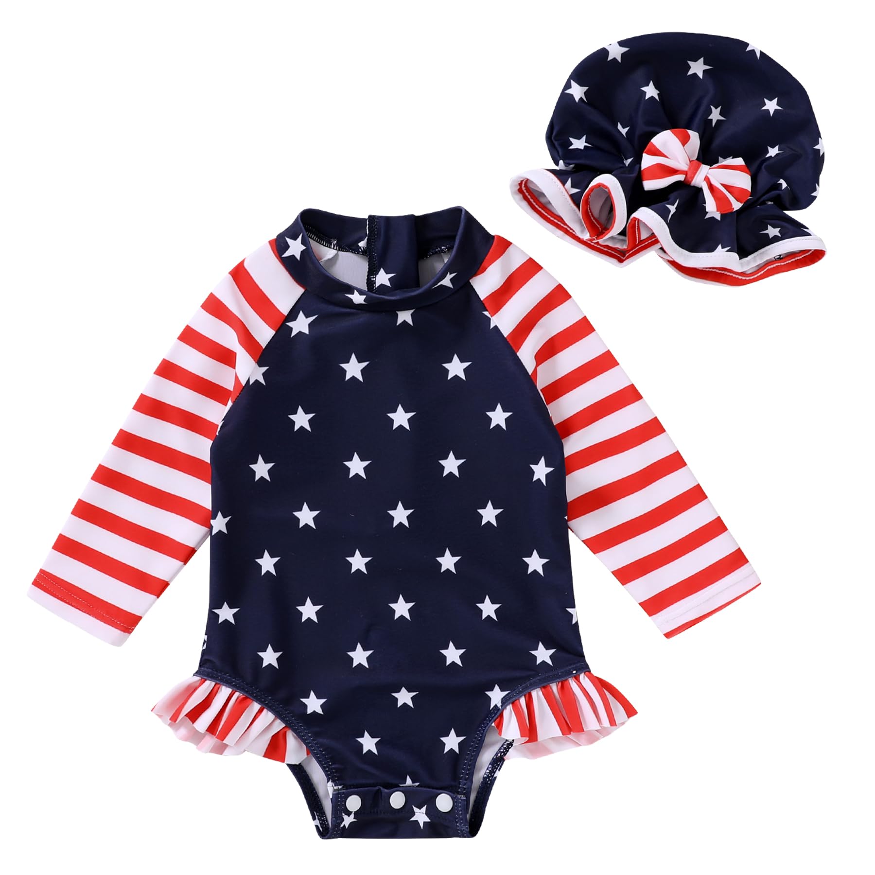 Infant Baby Girl Swimsuit One-Piece Long Sleeve Rash Guard with Hat Set Floral Zipper Bathing Suit Leopard Beach Wear(Independence Day,6-12 Months)