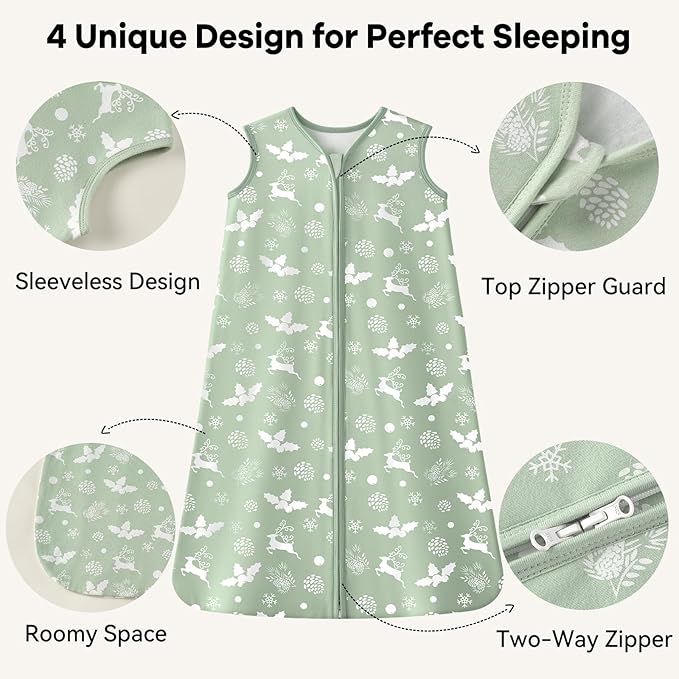 Baby Sleep Sack 12-18 Months 1.0 Tog Baby Wearable Blanket 100% Cotton Sleeping Sack with 2-Way Zipper for Toddler Infant Green Tree