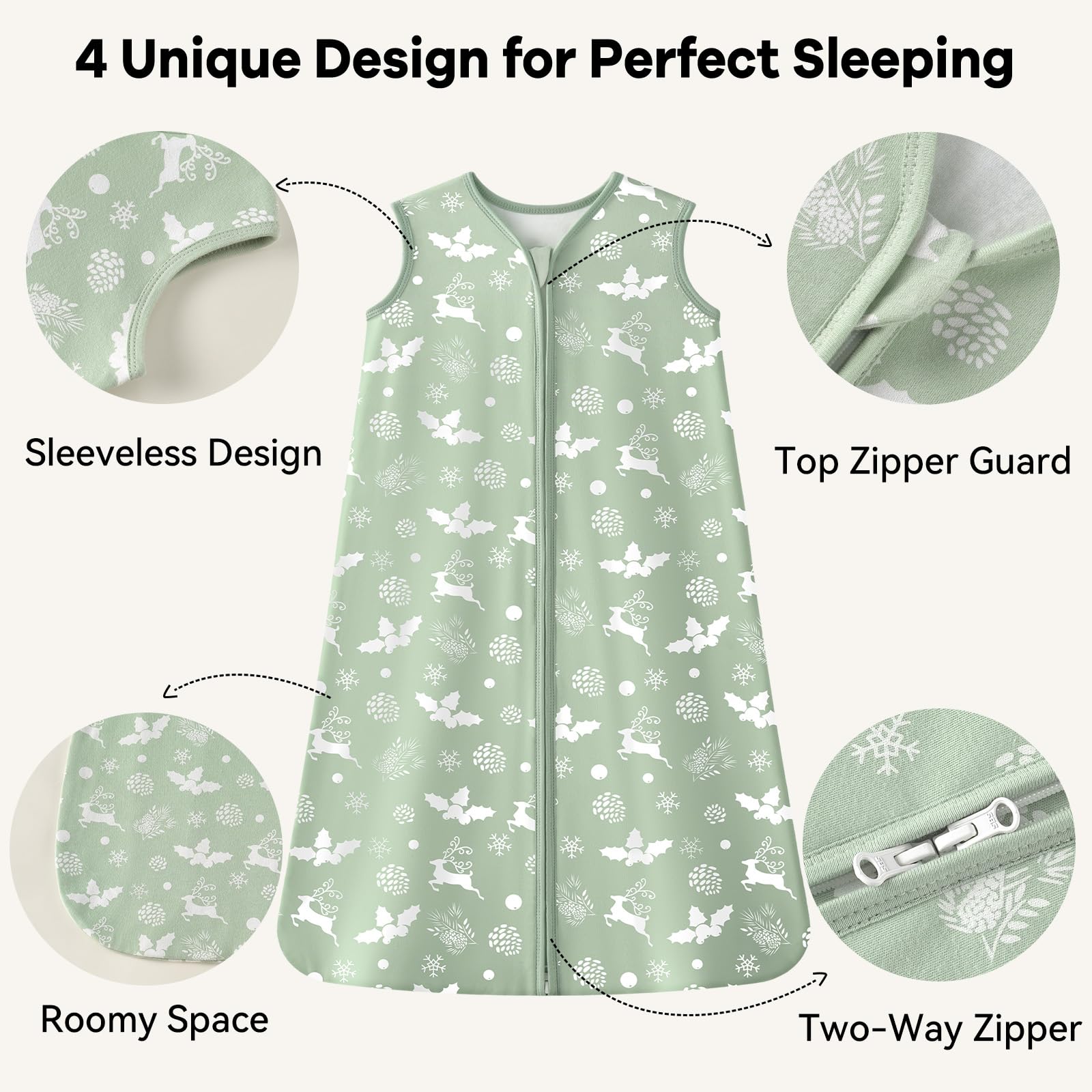 Unnivoll Baby Sleep Sack 0-6 Months 1.0 Tog Baby Wearable Blanket 100% Cotton Sleeping Sack with 2-Way Zipper for Infant Newborn Green Tree