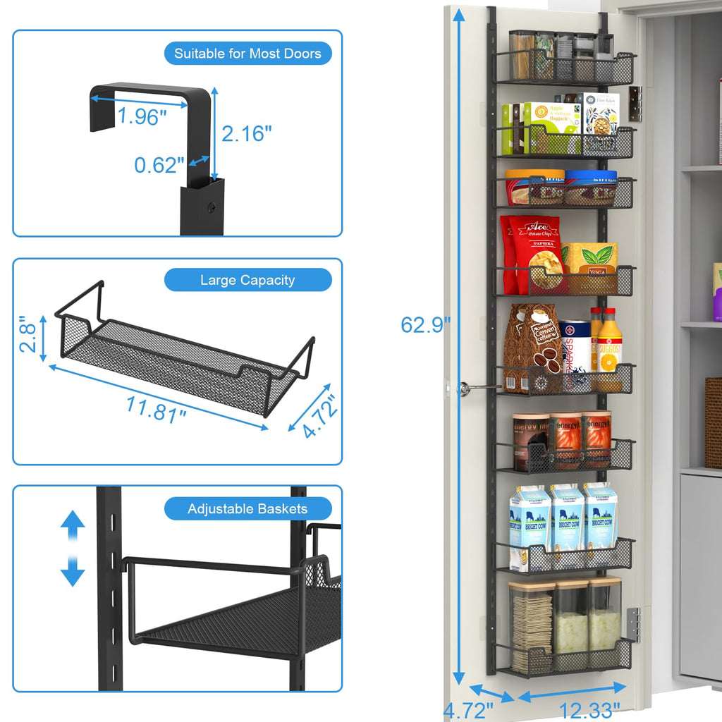 VyGrow 12.3" W Narrow Over the Door Pantry Organizer, 8-Tier Over the Door Organizer with Adjustable Basket, Pantry Door Organization for Pantry Kitchen Storage Room Spice Rack, Black