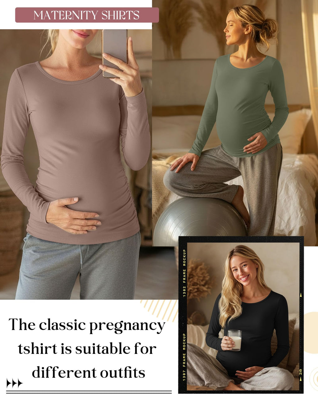 Ficerd 3 Pack Women's Maternity Long Sleeve Shirts, 3-Color Set, X-Large