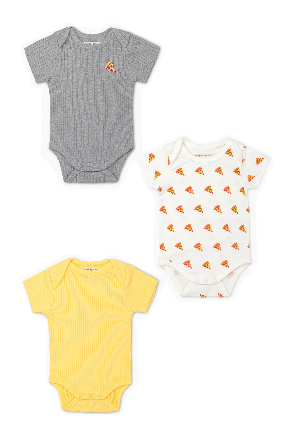 MONICA + ANDY Short Sleeve Jack & Jill Bodysuit 3-Pack, Size 12-18 Months, Pizza Print, 100% Organic Baby Clothes for Boys & Girls, Super Soft Sustainable Cotton, Infant, Newborn & Toddler Sizes