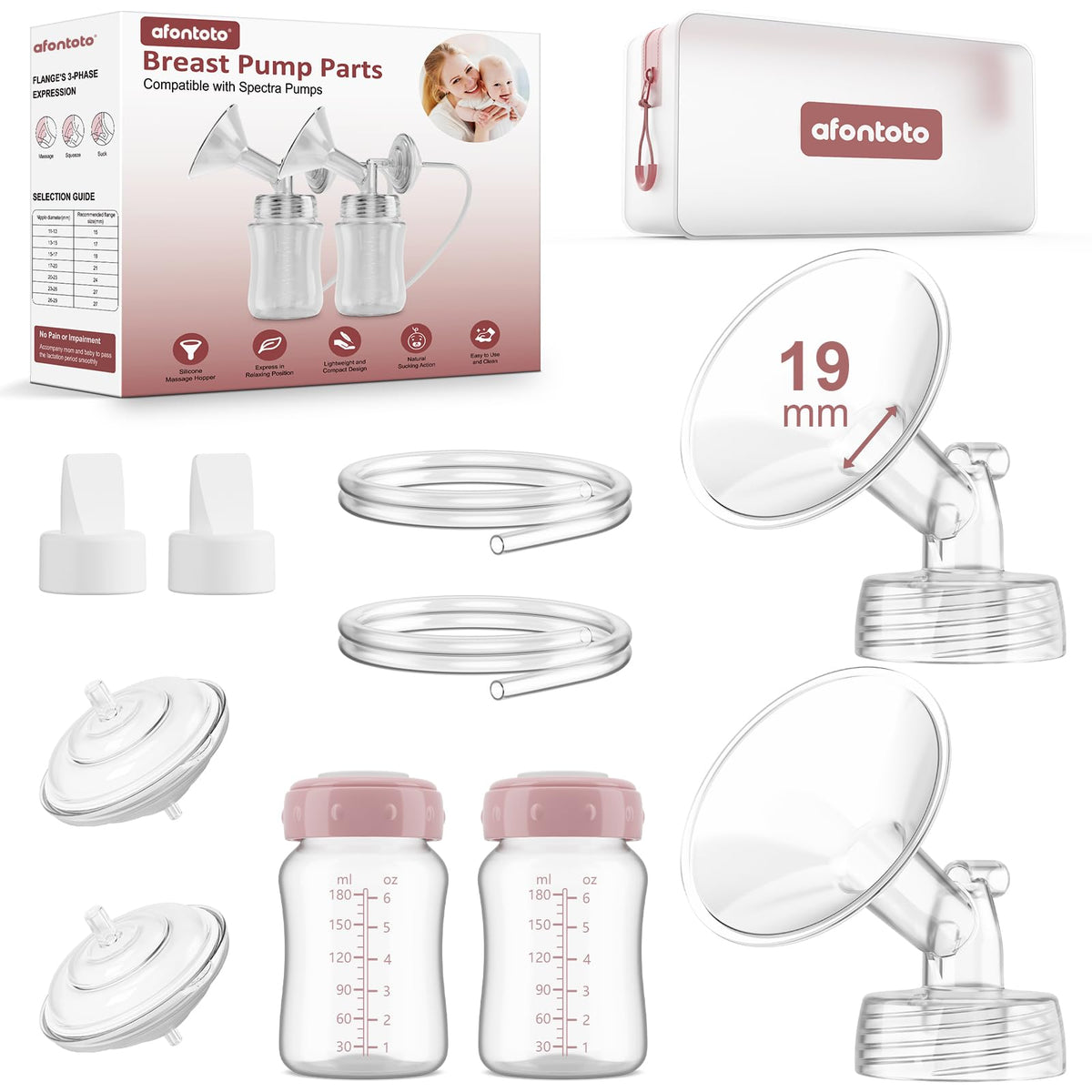 Pump Parts Compatible with Spectra S1/S2/9Plus/SG Breastpump, Full Set Replacement Parts for Spectra Include 21mm Flange,Duckbill Valve,Backflow Protector,Tube,Bottle, Not Original S1/S2 Accessories