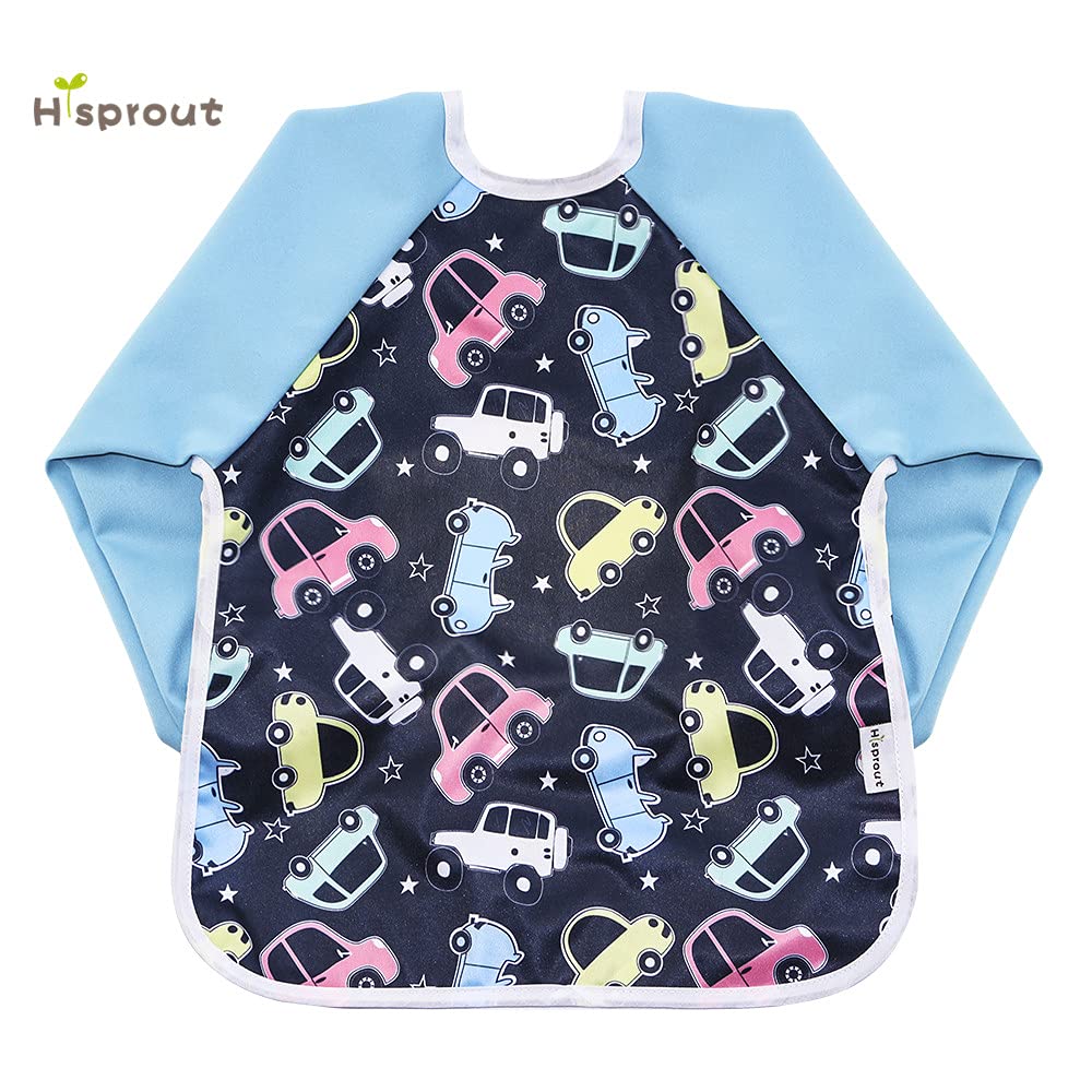 Hi Sprout Infant Toddler Baby Waterproof Sleeved Bib, Bib with Sleeves&Pocket, 6-24 Months (Car)