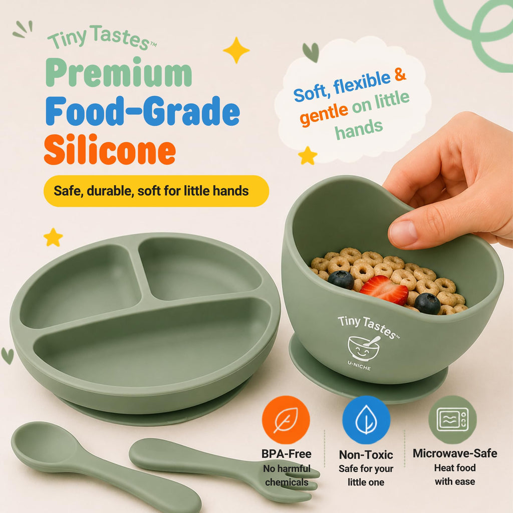 Tiny Tastes 10-Piece Silicone Baby Feeding Set – Baby Led Weaning Supplies with Suction Plate & Bowl, Adjustable Bib, Snack Cup, Spoons & Fork, BPA-Free Baby Feeding Essentials for Toddlers