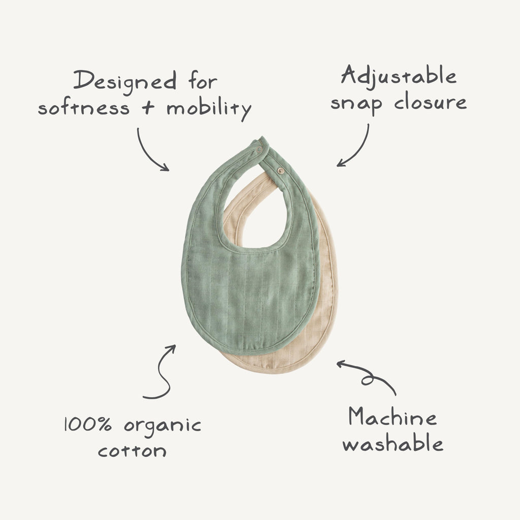 mushie Muslin Baby Bib | Soft Cotton for Infant Drips, Drools & Feedings | Adjustable Fit | 2 Pack (Green Paisley/Fog)