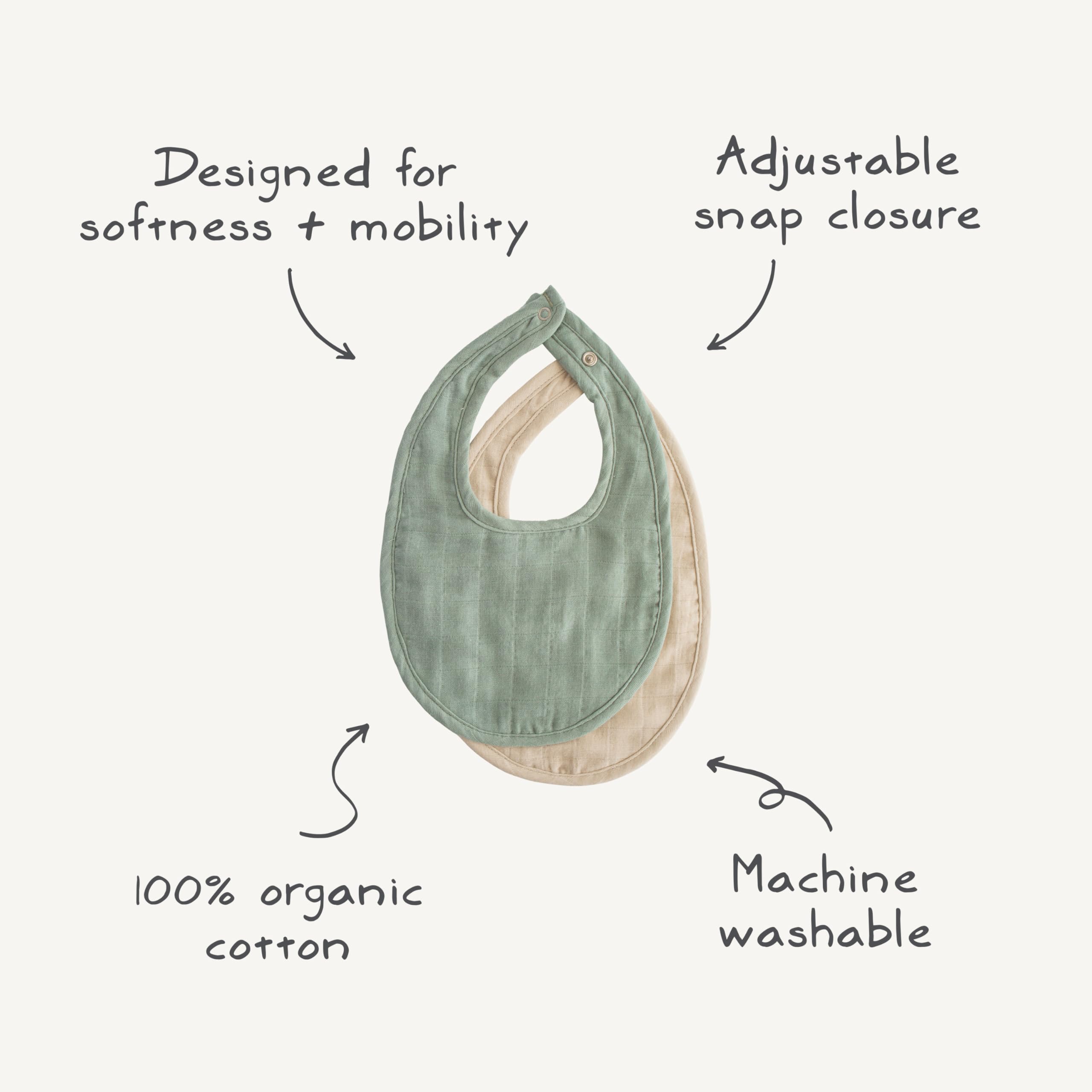 mushie Muslin Baby Bib | Soft Cotton for Infant Drips, Drools & Feedings | Adjustable Fit | 2 Pack (Green Paisley/Fog)