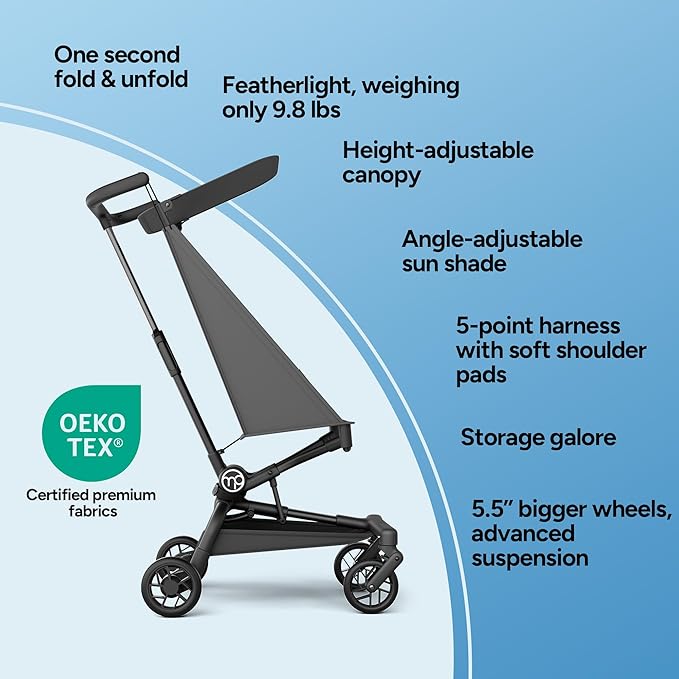 Mompush Jeto Lightweight Travel Stroller – 9.8 lbs Ultra-Compact, One-Hand Fold, Airplane Cabin Approved, All-Terrain Wheels, Smooth Ride for Toddlers, Perfect for Travel & Daily Use
