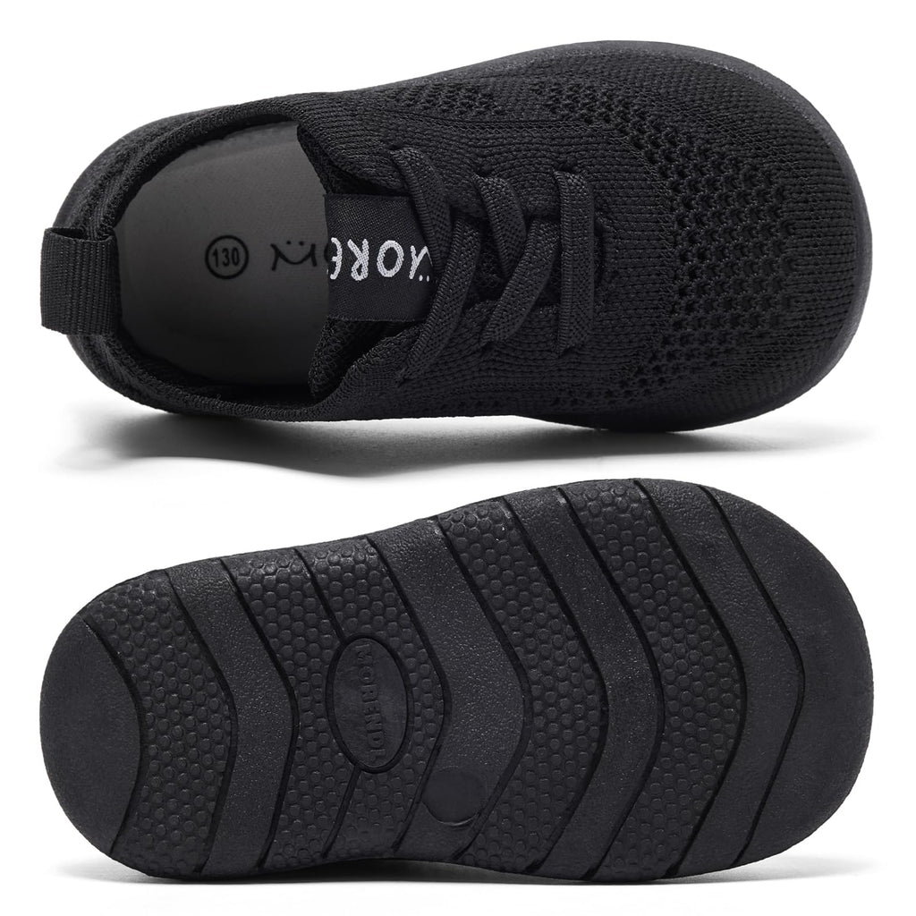 MORENDL Toddler Sneakers Baby Non-Slip Lightweight Breathable Barefoot Shoes Infant Tennis Walking Shoes Black Mesh Size 7