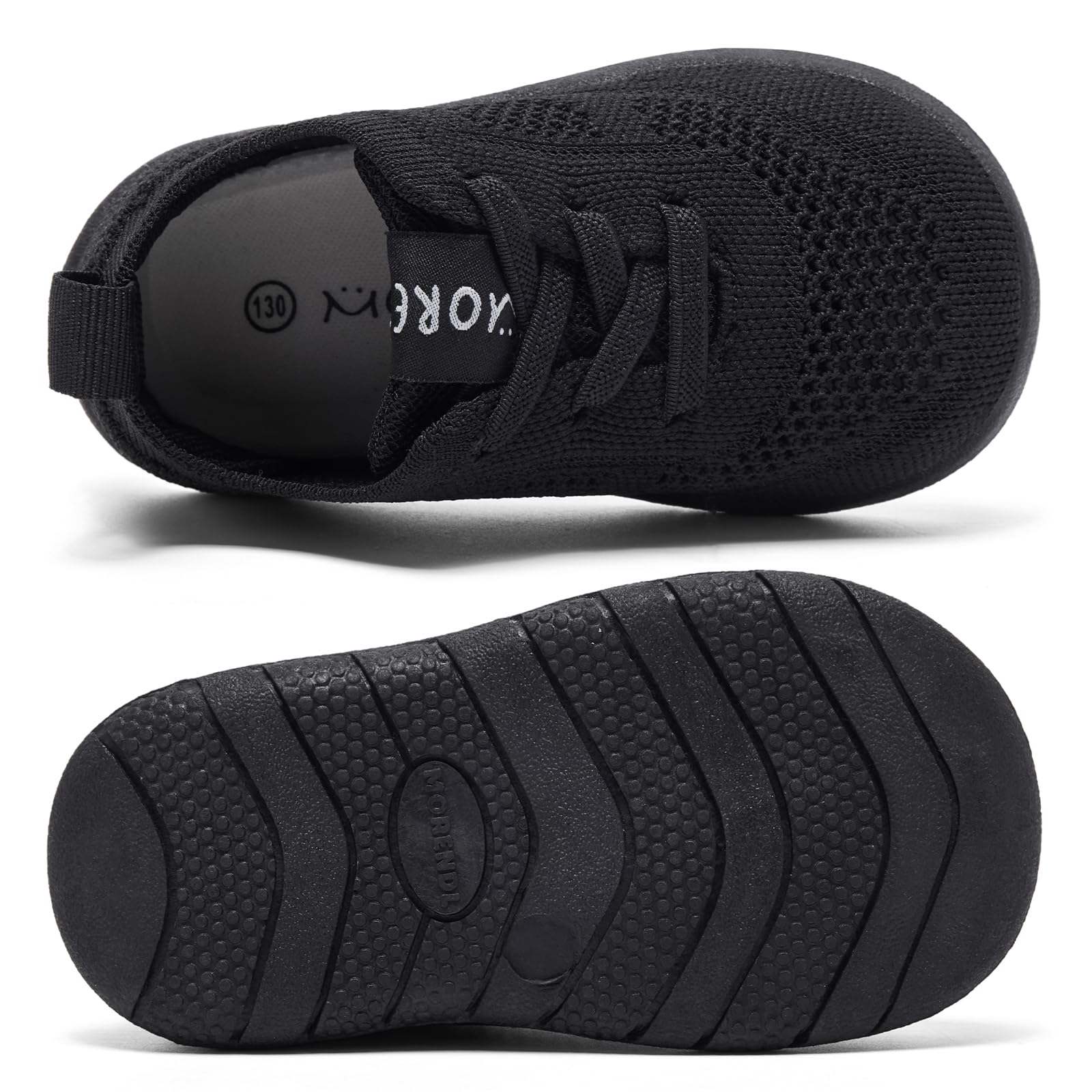 MORENDL Toddler Sneakers Baby Non-Slip Lightweight Breathable Barefoot Shoes Infant Tennis Walking Shoes Black Mesh Size 7