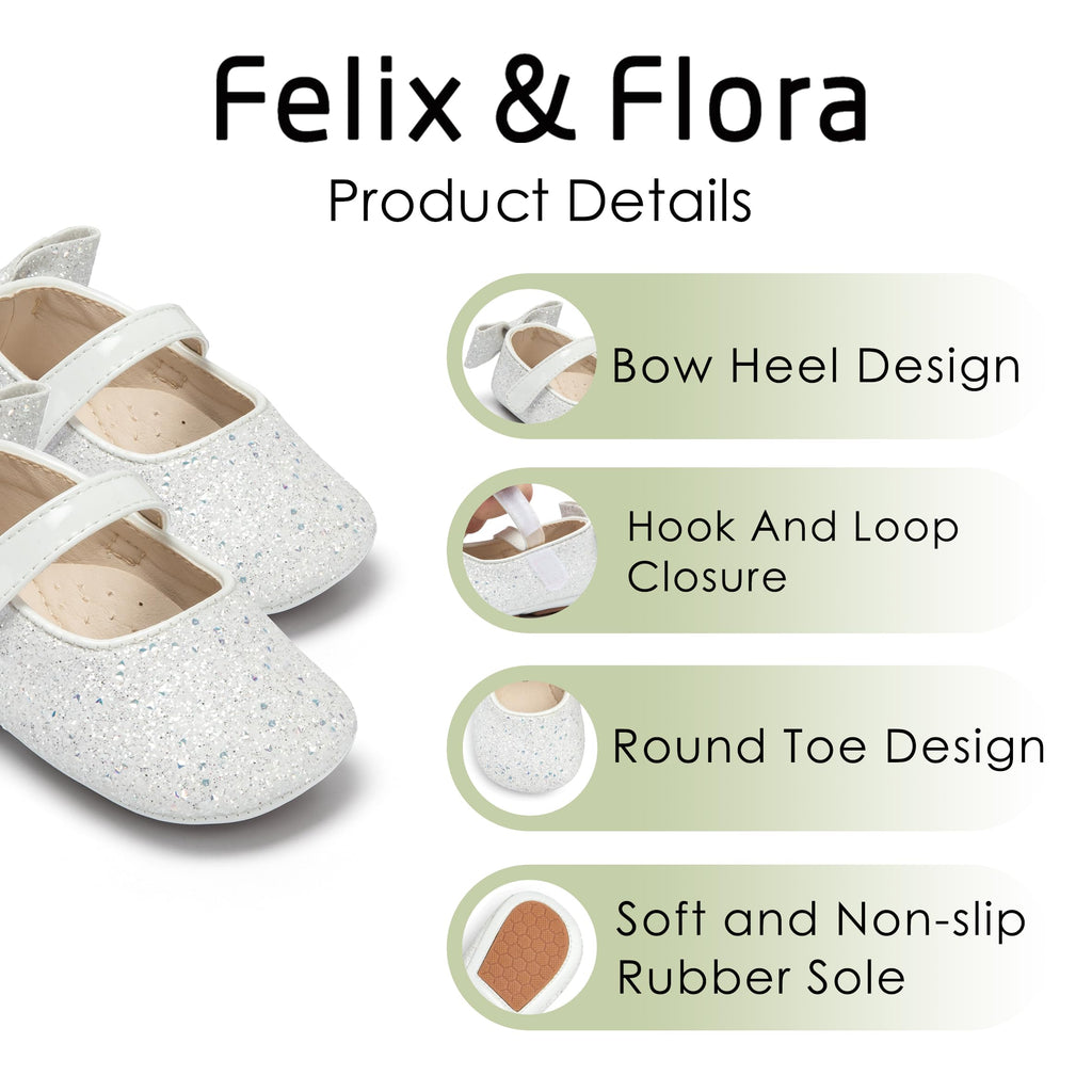 Felix & Flora Soft Sole Giltter White Baby Walking Shoes - Infant Moccasins Rubber Sole Crib Ballet Flats(Giltter White,12-18Months)