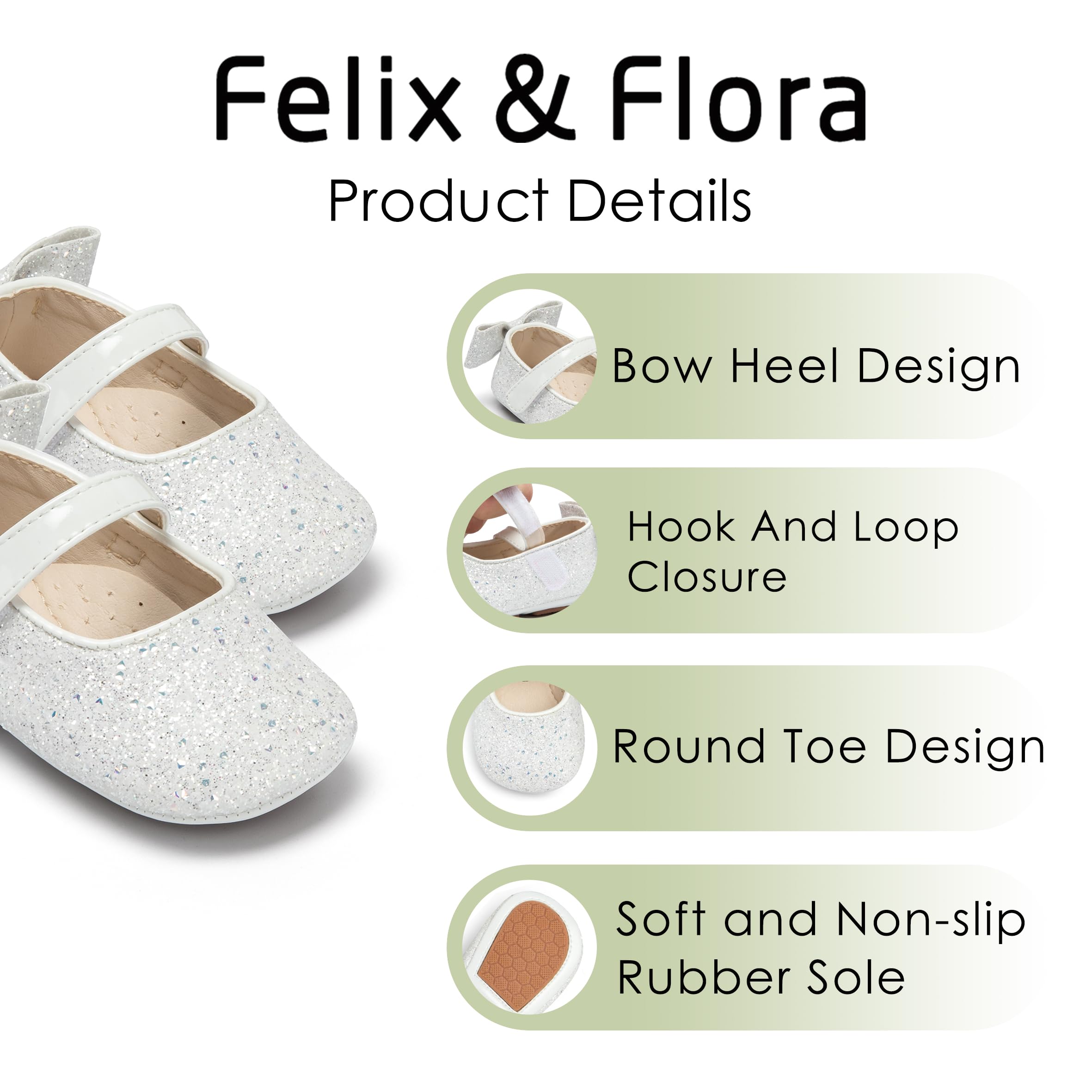 Felix & Flora Soft Sole Giltter White Baby Walking Shoes - Infant Moccasins Rubber Sole Crib Ballet Flats(Giltter White,12-18Months)