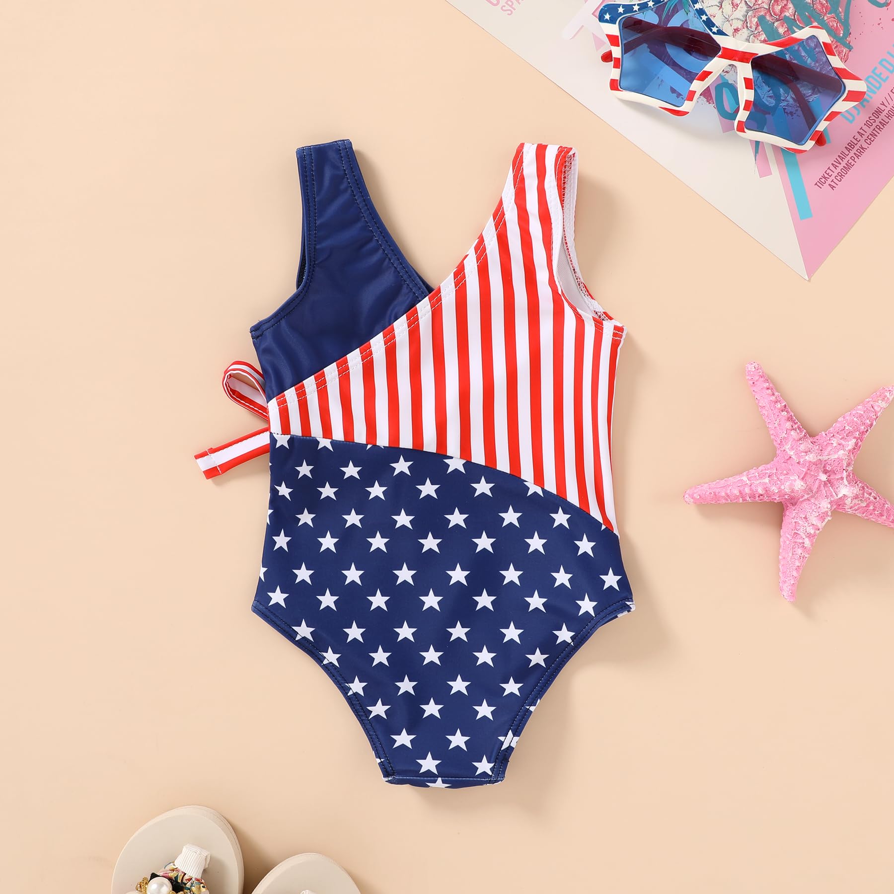 Happy Town Toddler Swimsuit Girl One Piece Bathing Suit Color Block Swimwear Baby Summer Beach Wear(12-18 Months,American Flag)