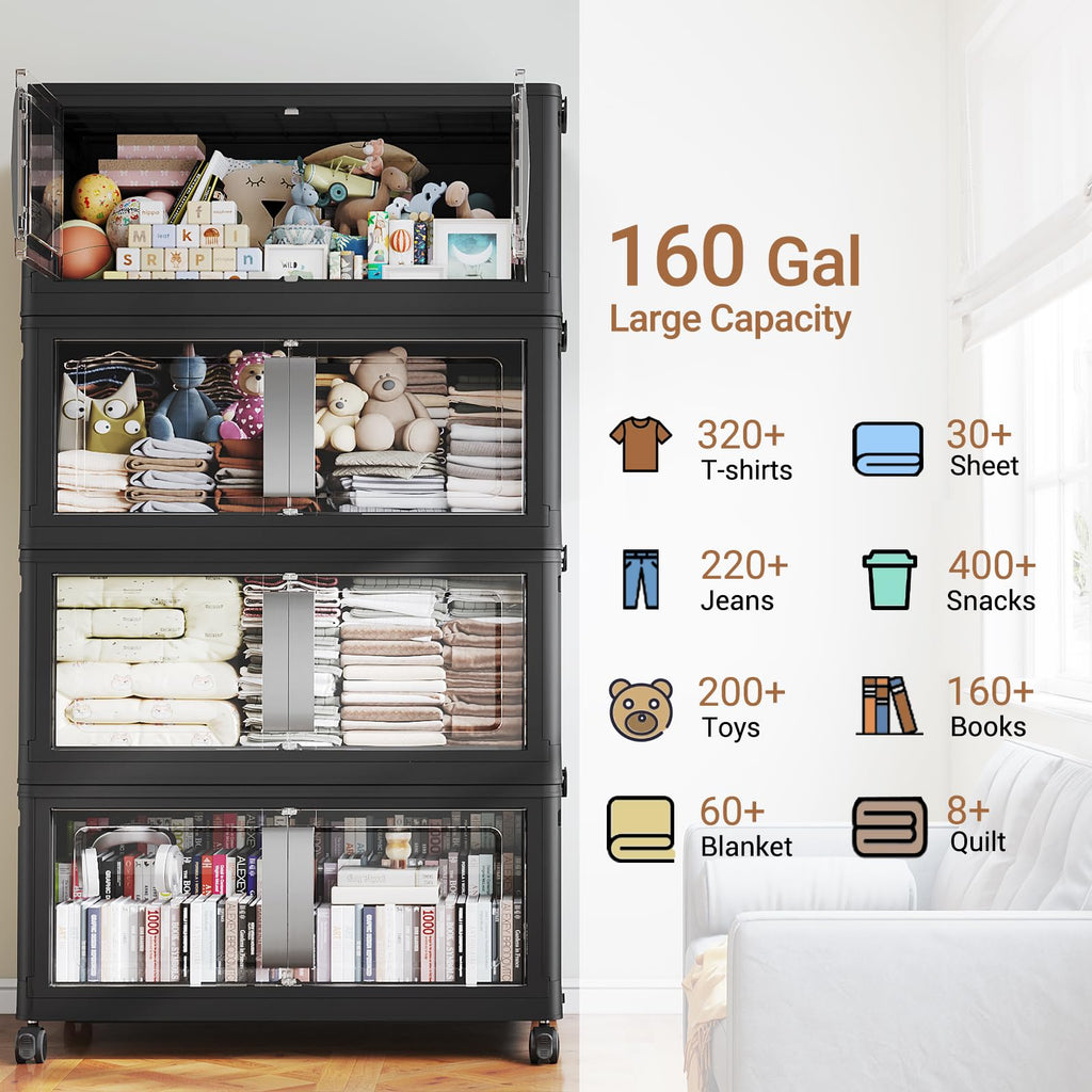BROVIEW 800QT Stackable Storage Bins with Lids, 200Gal Extra Large Collapsible Storage Box with Wheel, Plastic Storages with Clear Door Open Front for Home Kitchen Garage, White-5pack(5 lids)