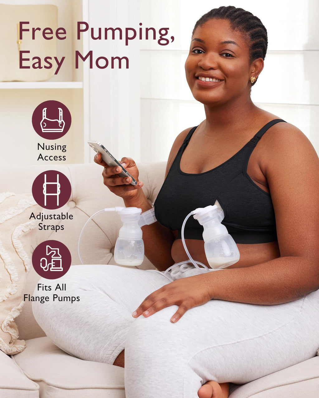 Momcozy Pumping Bra Hands Free, Pumping and Nursing Bra in One Holding Breast Pump for Spectra, Lansinoh, Medela, Black,grey-2pk, X-Large