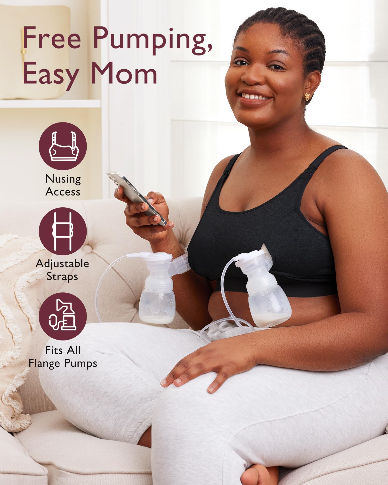 Momcozy Pumping Bra Hands Free, Pumping and Nursing Bra in One Holding Breast Pump for Spectra, Lansinoh, Medela, Black,grey-2pk, X-Large