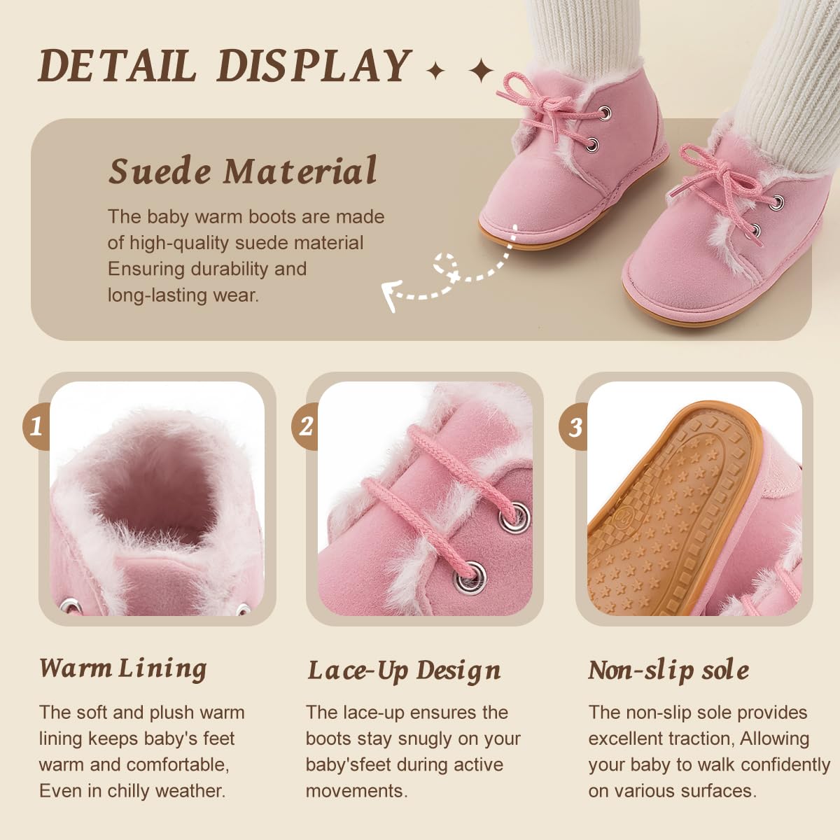 Zoolar Baby Unisex Warm Snow Boots Newborn Leather Fur Lace Up Ankle Anti-Slip Rubber Texture Sole Toddler Prewalker Winter Crib Shoes