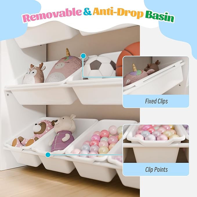 White Toy Storage Organizer, Toy Organizers and Storage Bins, Toy Storage Shelf with 8 Toy Bins, Toy Organizer with Bookshelf, Book Shelf and Toy Storage for Kids Room, Playroom, Bedroom, Nursery