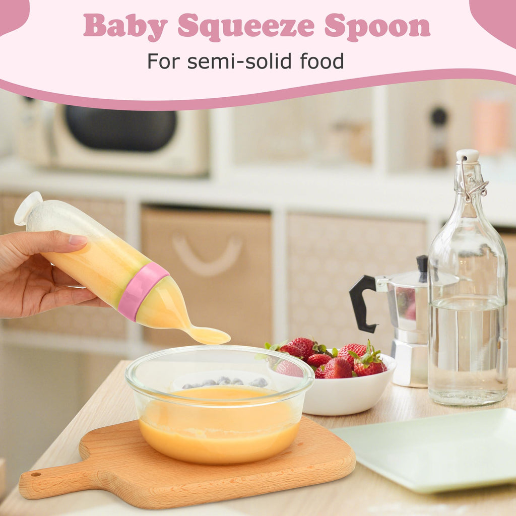 WAJIAYON Baby Food Feeder 4 Pack Silicone Baby Food Dispensing Spoon-3 oz Squeeze Feeding Spoons with Suction Cup for Boys Girl Kids Toddlers - Self Feeding Bottle Spoon-Pink