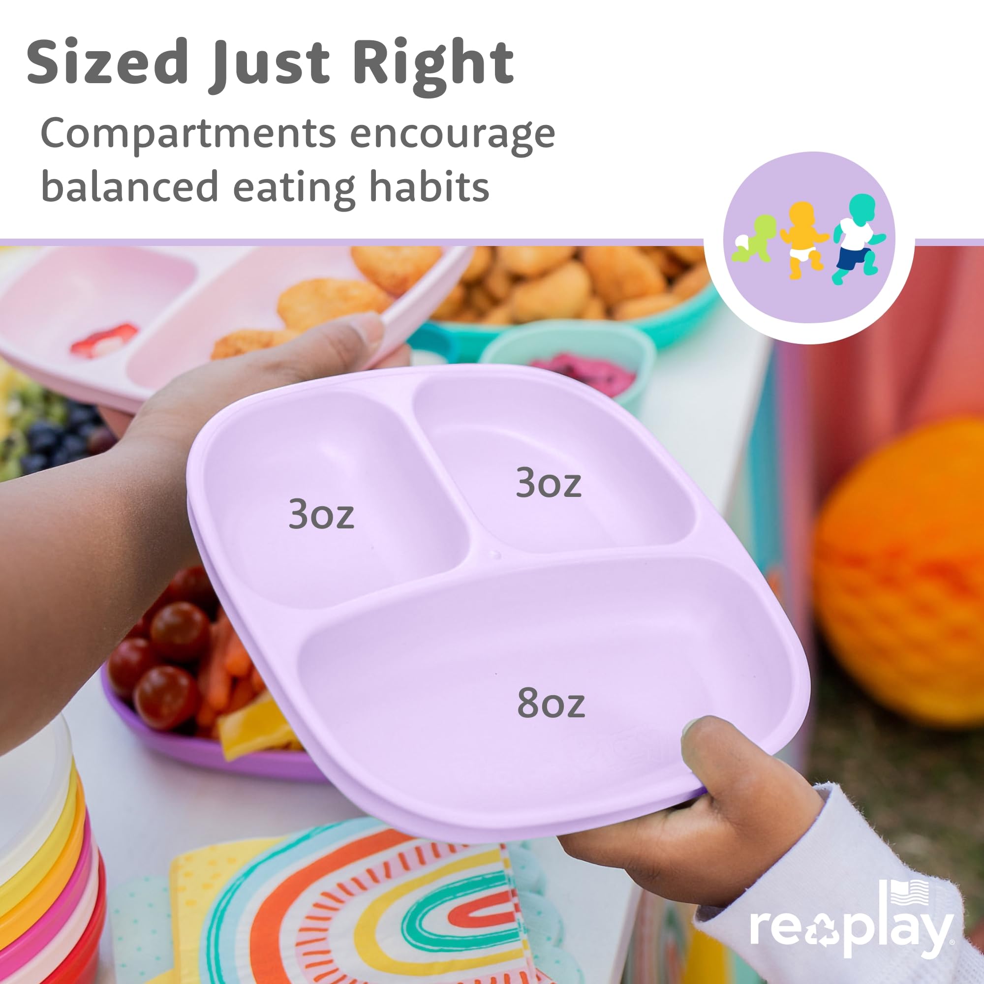 Re-Play Divided Toddler Plates Set of 3 - Deep-Walled 3 Compartment Kids Plates for Picky Eaters - Dishwasher & Microwave Safe - BPA-Free - Made in USA, Berry