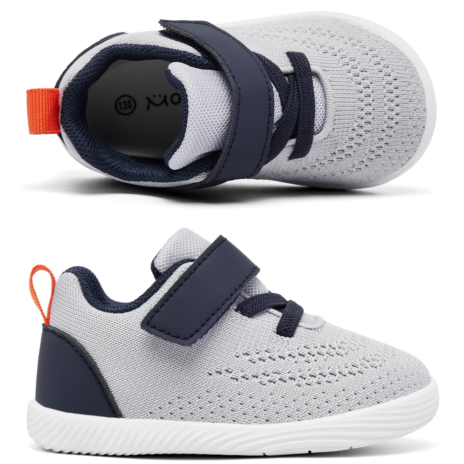 MORENDL Toddler Sneakers Baby Boys & Girls Barefoot Shoes Lightweight Breathable Walking Running Tennis Athletic Sport Shoes Grey Navy 12-15 Months Size 5