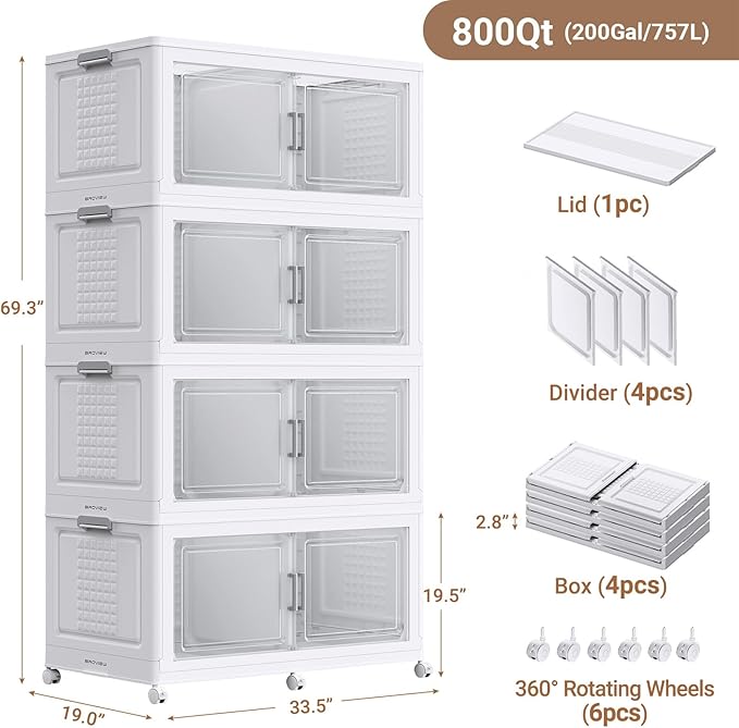 BROVIEW 800Qt Plastic Storage Bins with Lid and Wheels, 4Pack Extra Large Stackable Storage Bins with Dividers,Closet Organizers and Storage Cabinet Collapsible Box Shelves for Home Kitchen,White