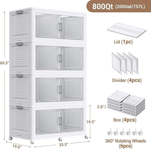 200Gal XL Stackable Storage Bins Foldable Box Cabinet for Home 4Pack White