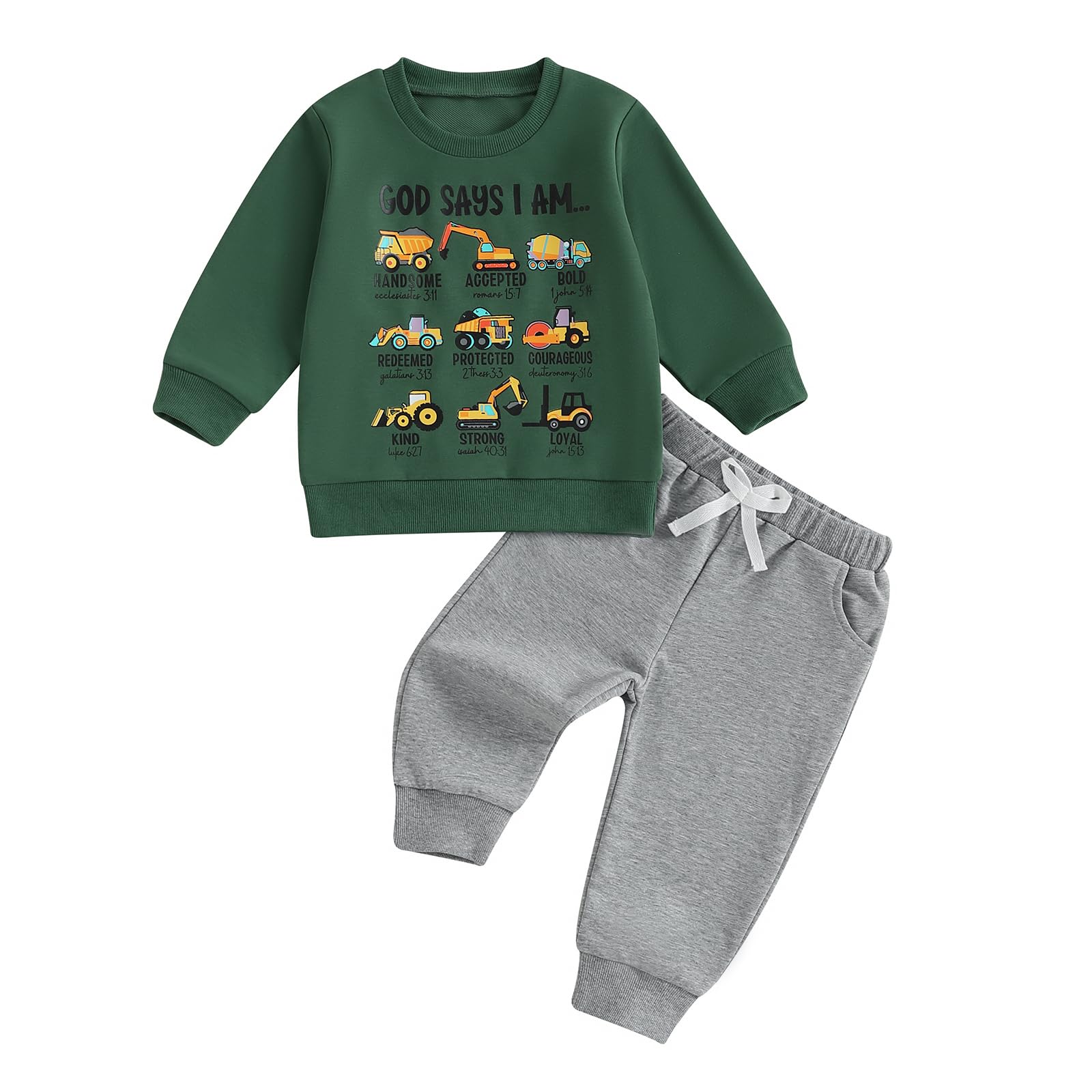Nyapruwe Toddler Baby Boys Fall Winter Outfits Funny Print Top Pants Set (Dark green tool cars, 12-18 Months)
