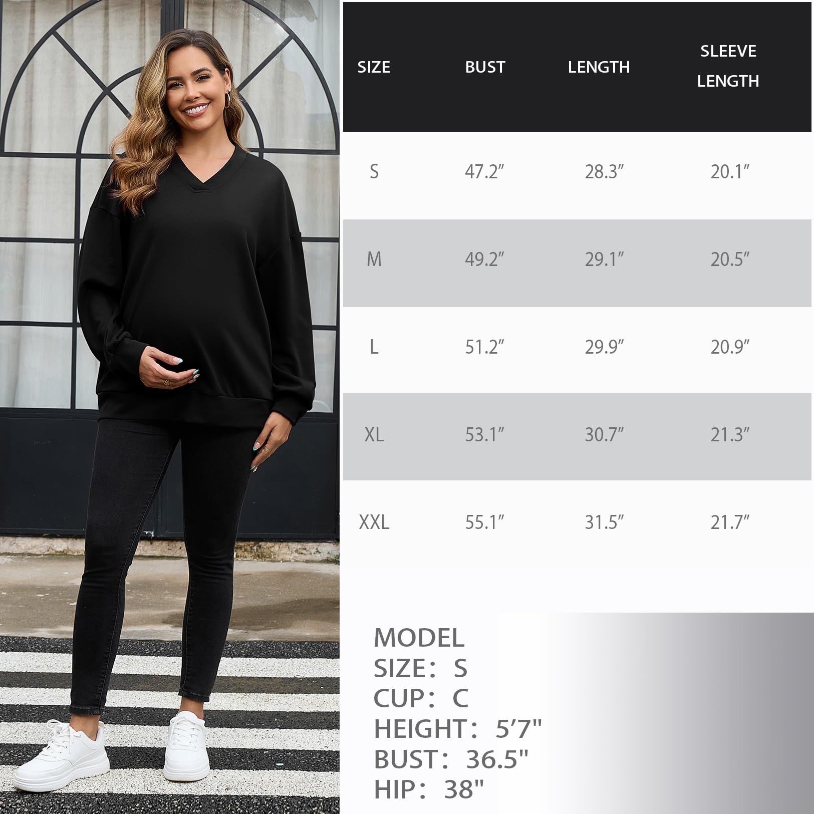 GINKANA Women's Maternity Shirts Long Sleeve Sweatshirt V Neck Pregnancy Pullover Tops Loose Fit Tunic Clothes Black,S
