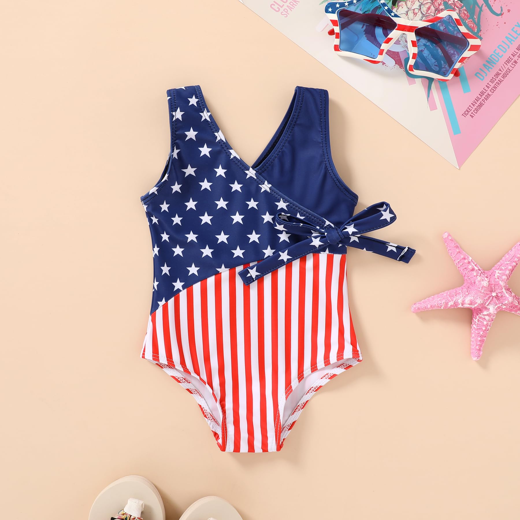 Happy Town Toddler Swimsuit Girl One Piece Bathing Suit Color Block Swimwear Baby Summer Beach Wear(12-18 Months,4th of July)