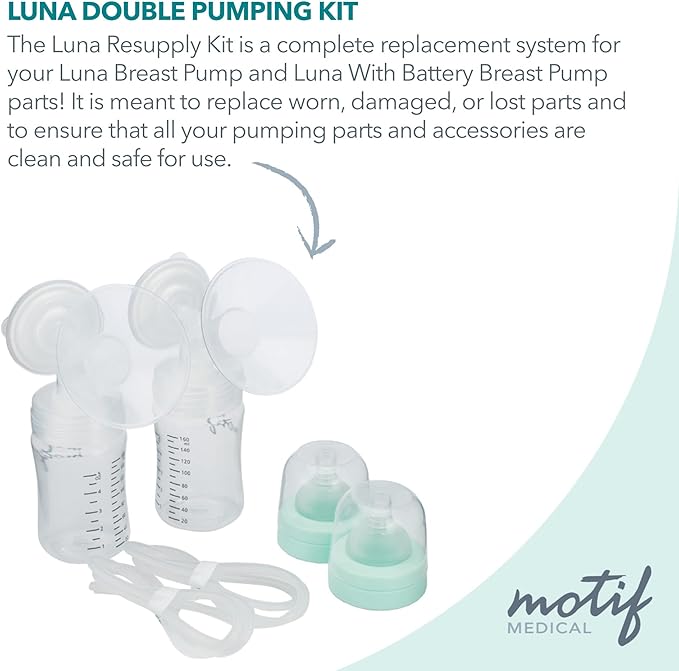 Motif Medical Luna Double Breast Pump Replacement Parts - Breast Pump Parts W/Bottles, Nipples, Tubing, Valves, Breast Shields (21mm), Diaphragms, Connectors & More - Safe Easy-to-Use Breast Pump Kit