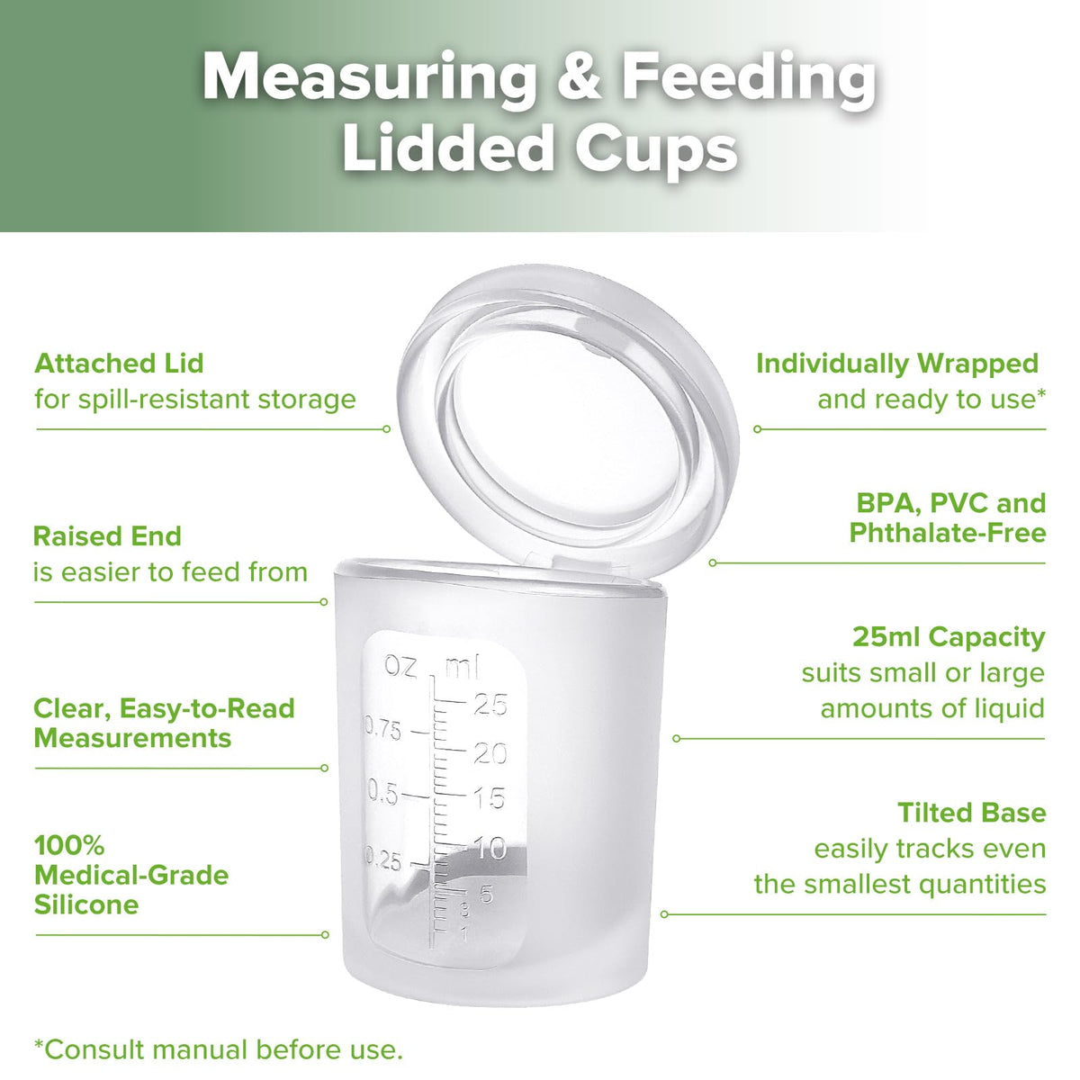 haakaa Silicone Measuring & Feeding Lidded Cup(pre-sterilised)-25ml-2pcs, 3-in-1 Colostrum Collection Cup for Collect, Store & Feed, Premium Silicone Maded, with Tube Cleaning Brush