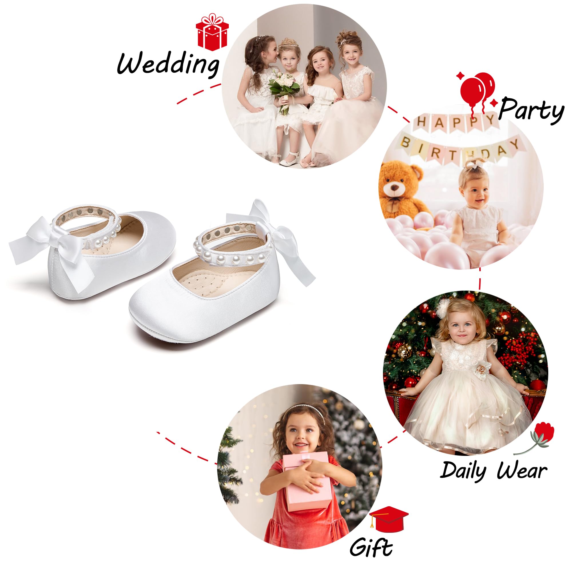 PHIRAMIN Baby Girls Satin White Mary Jane Flats - Infant 12-18 Months Walking Shoes Soft Rubber Sole Princess Wedding