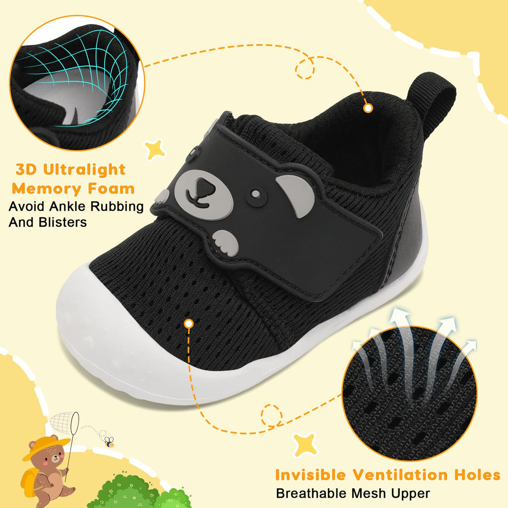 FEETCITY Infant Shoes Boys Girls Wide Baby Walking Shoes Newborn Crib Shoe Baby Slip On Shoe Breathable Toddler Sneakers Bear 2-2.5 Years Black