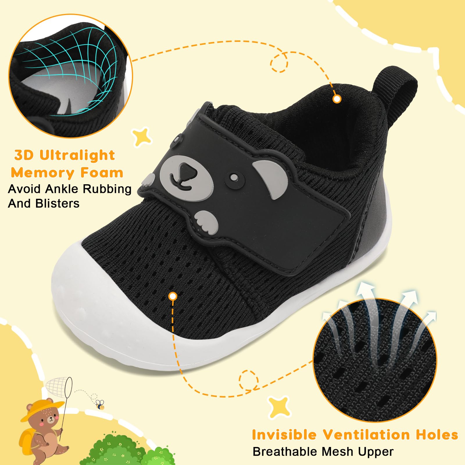 FEETCITY Infant Shoes Boys Girls Wide Baby Walking Shoes Newborn Crib Shoe Baby Slip On Shoe Breathable Toddler Sneakers Bear 2-2.5 Years Black