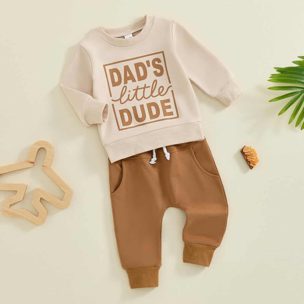 Sejardin Toddler Baby Boy Fall Winter Outfit Long Sleeve Letter Print Sweatshirts and Jogger Pants Infant Boy Clothes (Dads Little Dude Khaki, 12-18 Months)